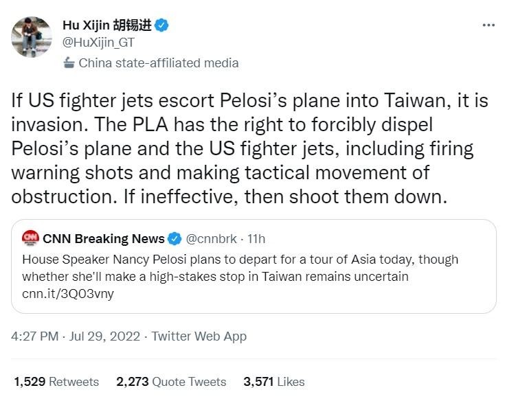 Bình luận viên Hồ Tích Tiến (Hu Xijin) của trang Thời báo Hoàn cầu tuyên bố quân đội Trung Quốc có thể ngăn chặn, bắn cảnh cáo hoặc bắn hạ máy bay của bà Nancy Pelosi. Ảnh tài khoản Twitter Hu Xijin. Bình luận viên Hồ Tích Tiến (Hu Xijin) của trang Thời báo Hoàn cầu tuyên bố quân đội Trung Quốc có thể ngăn chặn, bắn cảnh cáo hoặc bắn hạ máy bay của bà Nancy Pelosi. Ảnh tài khoản Twitter Hu Xijin.
