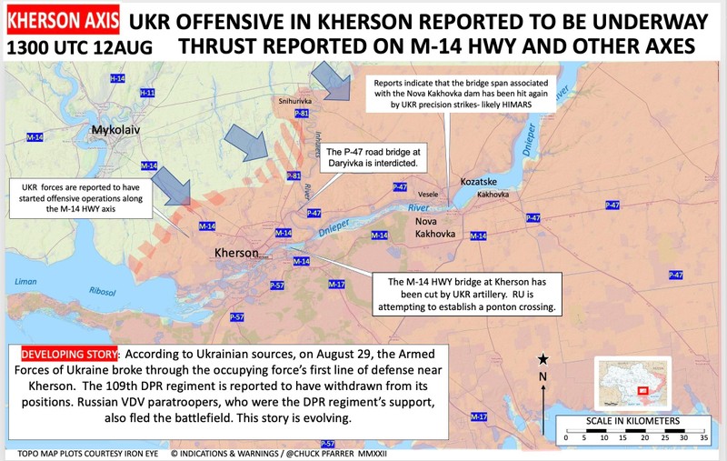 Các mũi tiến công của quân đội Ukraine theo hướng Kherson. Ảnh Military Ukraine. Các mũi tiến công của quân đội Ukraine theo hướng Kherson. Ảnh Military Ukraine.