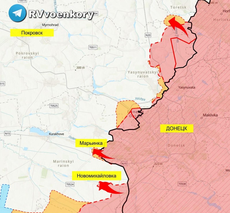 Các mũi tiến công của quân đội Nga, dân quân Donbass trên vùng Donetsk. Ảnh RusVesna. Các mũi tiến công của quân đội Nga, dân quân Donbass trên vùng Donetsk. Ảnh RusVesna.