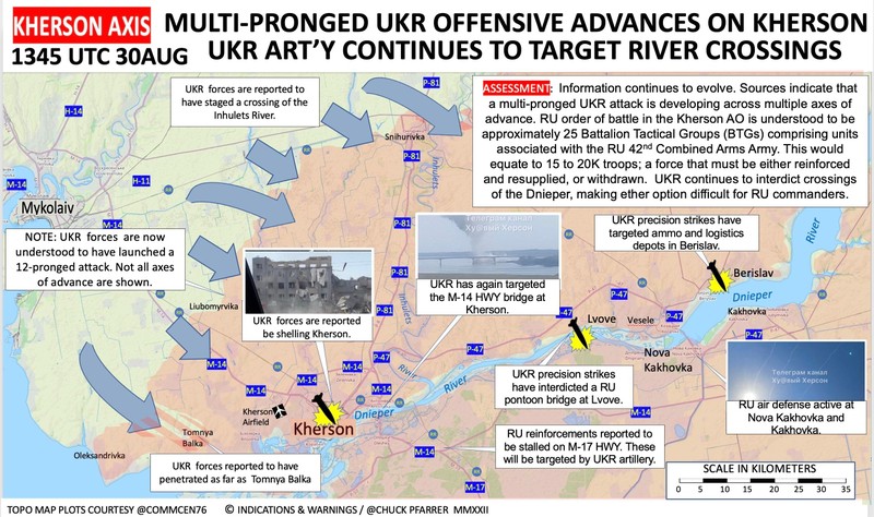Các mũi tiến công của quân đội Ukraine, các vị trí bị tấn công bằng tên lửa HIMARS ở Kherson. Ảnh Ukraine Pravda. Các mũi tiến công của quân đội Ukraine, các vị trí bị tấn công bằng tên lửa HIMARS ở Kherson. Ảnh Ukraine Pravda.