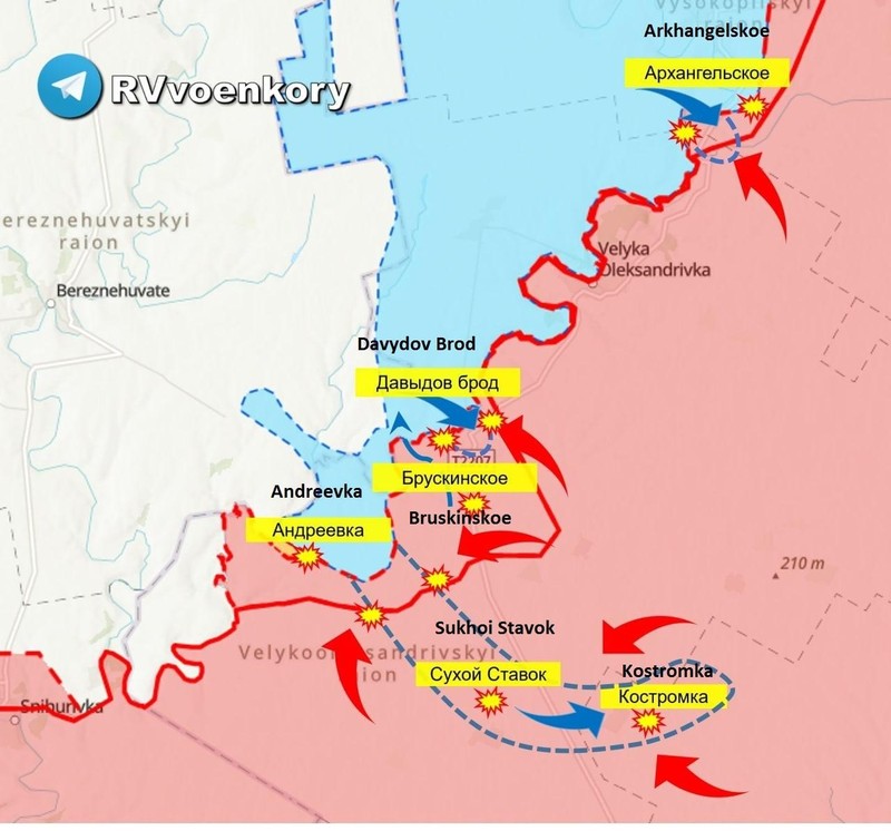 Các mũi tiến công của quân đội Ukraine trên hướng Andreevka - Davydov Brod tính đến ngày 1/9. Ảnh kênh Telegram @Rybar và RVvoenkor.