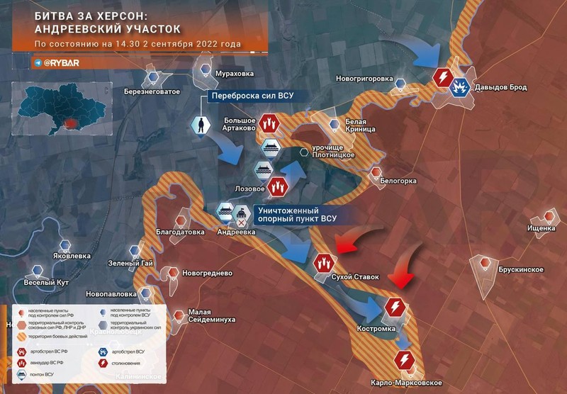 Trận chiến giành Kherson tình hình trên hướng Andreevsky tính đến ngày 2/9. Ảnh Kênh Telegram @Rybar.