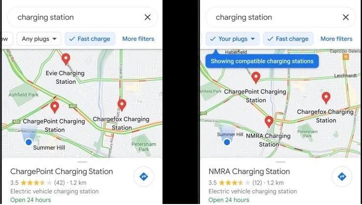 Tìm các trạm có bộ sạc nhanh (trái) và phích cắm tương thích với EV (phải). Ảnh Google Tìm các trạm có bộ sạc nhanh (trái) và phích cắm tương thích với EV (phải). Ảnh Google