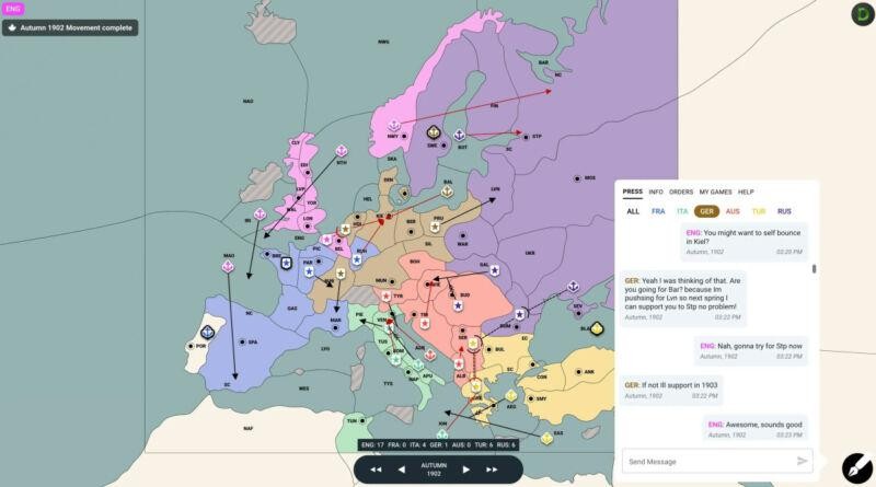 Một đoạn chat trong game Diplomacy giữa AI và người chơi con người. Ảnh Ars Technica