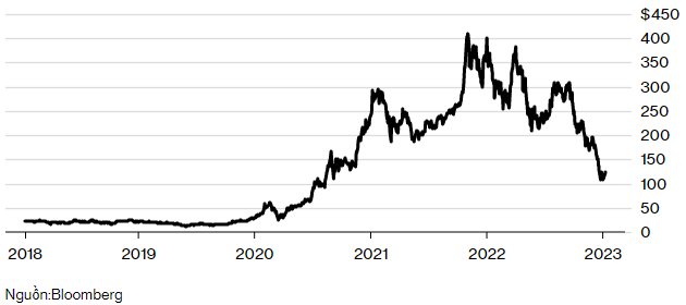 Giá trị cổ phiếu Tesla theo năm (Ảnh: Bloomberg)
