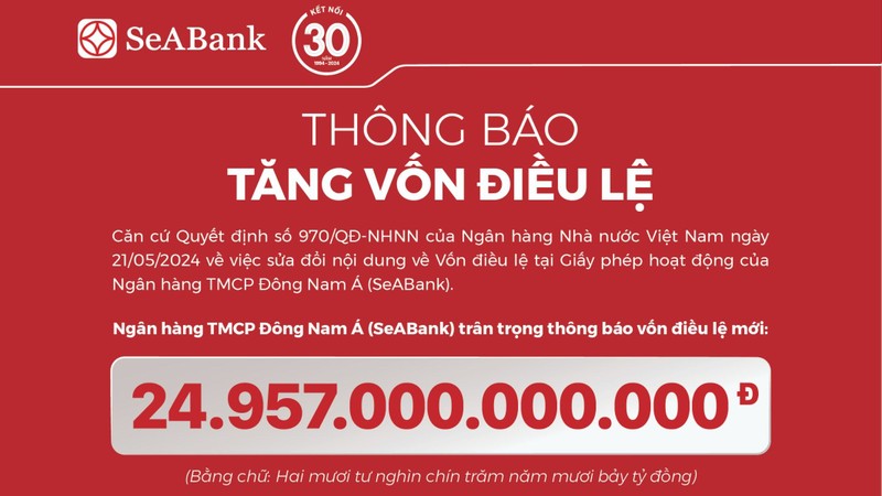 SeABank hoàn tất tăng vốn điều lệ lên 24.957 tỷ đồng