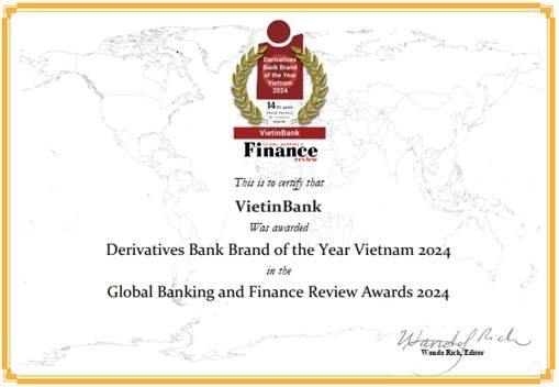 Global Banking & Finance Review vinh danh VietinBank hạng mục “Ngân hàng cung ứng sản phẩm phái sinh tốt nhất Việt Nam năm 2024” Global Banking & Finance Review vinh danh VietinBank hạng mục “Ngân hàng cung ứng sản phẩm phái sinh tốt nhất Việt Nam năm 2024”