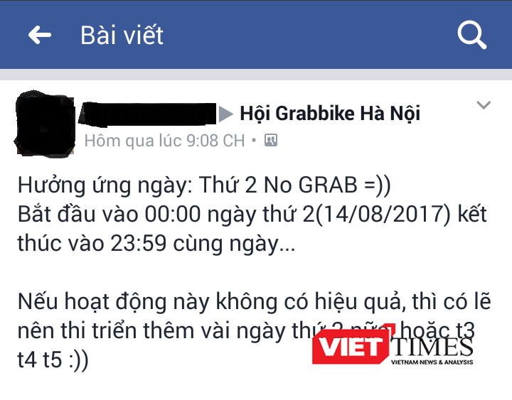 Tài xế GrabBike kêu gọi đình công trên diễn đàn. Nguồn: CTV VietTimes