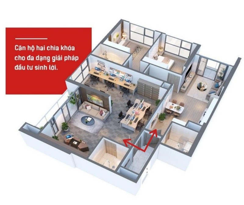 Thiết kế phối cảnh 3D mặt bằng căn hộ Dual key tại Vinhomes West Point Thiết kế phối cảnh 3D mặt bằng căn hộ Dual key tại Vinhomes West Point