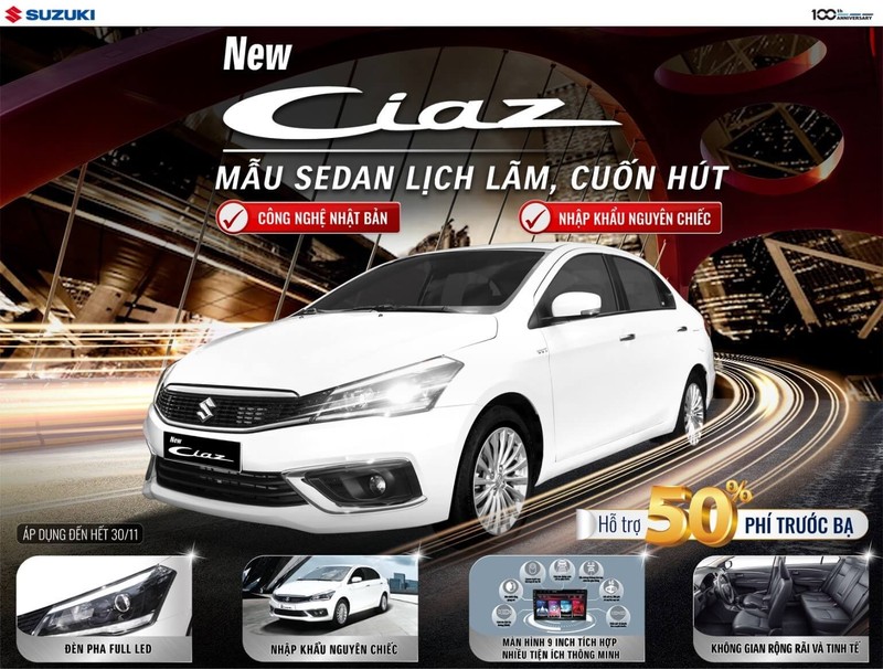 Ciaz mới sẽ được hỗ trợ 50% lệ phí trước bạ, tương đương 30 triệu VND Ciaz mới sẽ được hỗ trợ 50% lệ phí trước bạ, tương đương 30 triệu VND