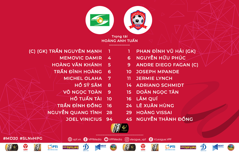 Danh sách đội hình ra sân của 2 đội. Ảnh VPF.