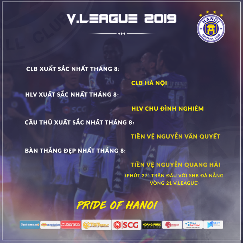 Chào đón nhà vô địch V.League 2019? ảnh 1 Hà Nội giành tất các danh hiệu tháng 8 của V.League 2019. Ảnh HNFC