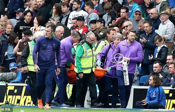 Thủ môn Hugo Lloris phải sân sân bằng cáng. Ảnh Reutes Thủ môn Hugo Lloris phải sân sân bằng cáng. Ảnh Reutes