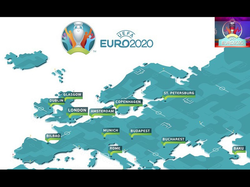 Giải vô địch châu Âu Euro 2020 dự kiến sẽ được tổ chức từ 12/6 đến 12/7 , tại 12 thành phố ở 12 quốc gia khác nhau thuộc Liên đoàn bóng đá châu Âu (UEFA) bao gồm: London (Anh), Munich (Đức), Baku (Azerbaijan), Saint Petersburg (Nga), Rome (Ý), Copenhagen (Đan Mạch), Bucharest (Romania), Amsterdam (Hà Lan), Dublin (Cộng hòa Ireland), Bilbao (Tây Ban Nha), Budapest (Hungary), Glasgow (Scotland). Ảnh UEÀ Giải vô địch châu Âu Euro 2020 dự kiến sẽ được tổ chức từ 12/6 đến 12/7 , tại 12 thành phố ở 12 quốc gia khác nhau thuộc Liên đoàn bóng đá châu Âu (UEFA) bao gồm: London (Anh), Munich (Đức), Baku (Azerbaijan), Saint Petersburg (Nga), Rome (Ý), Copenhagen (Đan Mạch), Bucharest (Romania), Amsterdam (Hà Lan), Dublin (Cộng hòa Ireland), Bilbao (Tây Ban Nha), Budapest (Hungary), Glasgow (Scotland). Ảnh UEÀ