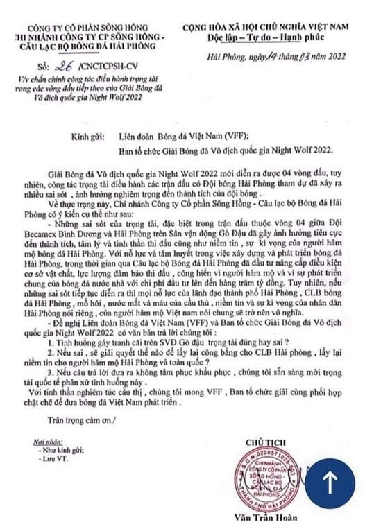 Bức xúc của CLB Hải Phòng. Ảnh HP Bức xúc của CLB Hải Phòng. Ảnh HP