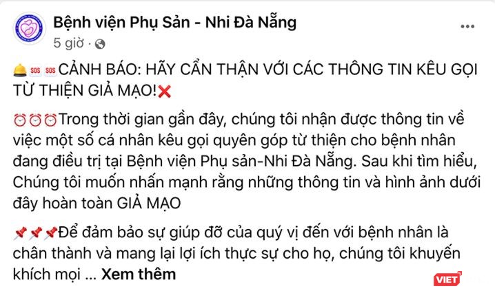 Bệnh viện Phụ sản – Nhi Đà Nẵng cảnh báo thông tin kêu gọi từ thiện giả mạo trên mạng xã hội