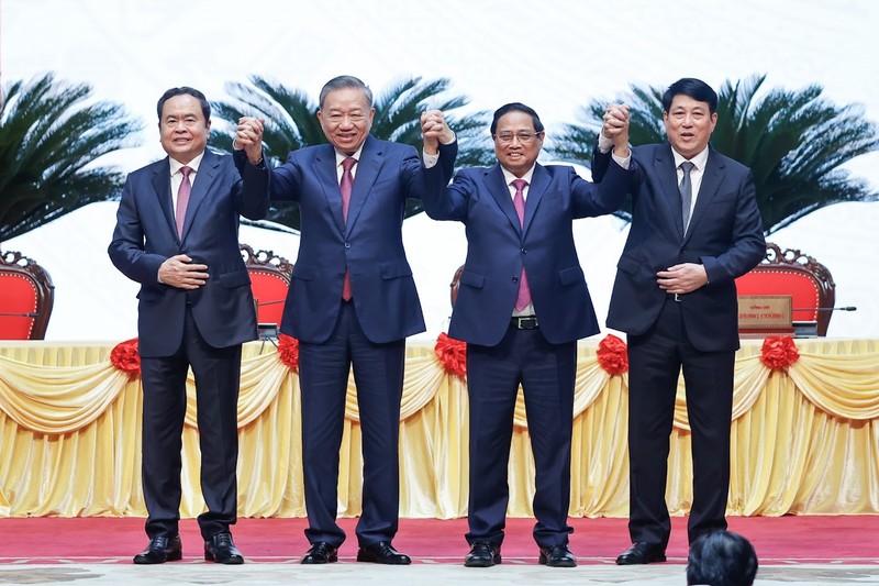 Tổng Bí thư, Chủ tịch nước Tô Lâm, Thủ tướng Phạm Minh Chính, Chủ tịch Quốc hội Trần Thanh Mẫn và Thường trực Ban Bí thư Lương Cường. Ảnh: TTXVN. lanh-dao-chu-chot-2401.jpg