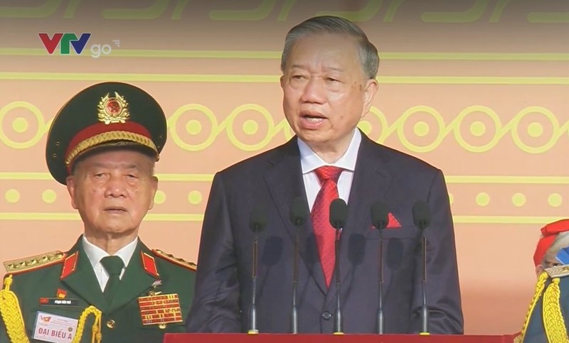 Tổng Bí thư Tô Lâm đọc diễn văn tại lễ kỷ niệm. Ảnh: VTV. TBT2.jpg
