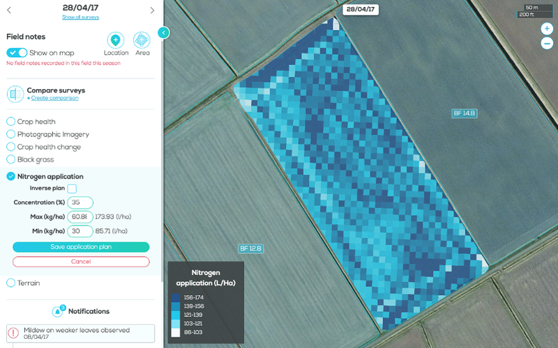 Một ví dụ về một hình ảnh shapefile được tạo ra bởi Hummingbird, cho thấy một mạng lưới các ô vuông kích thước 10x10 mét với nồng độ nitơ trên cây trồng.
