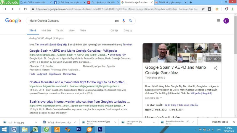 Phán quyết của Tòa án Công lý EU khiến Google phải hủy bỏ kết quả tìm kiếm dẫn đến bài báo về chuyện luật sư Mario Costeja Gonzalez từng bị ngân hàng phát mại bất động sản. Ảnh chụp màn hành