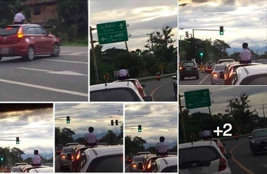 Vụ bé trai ở Thái Lan ngồi trên nóc ô tô đang chạy gây xôn xao dư luận (Ảnh: Asia 1)