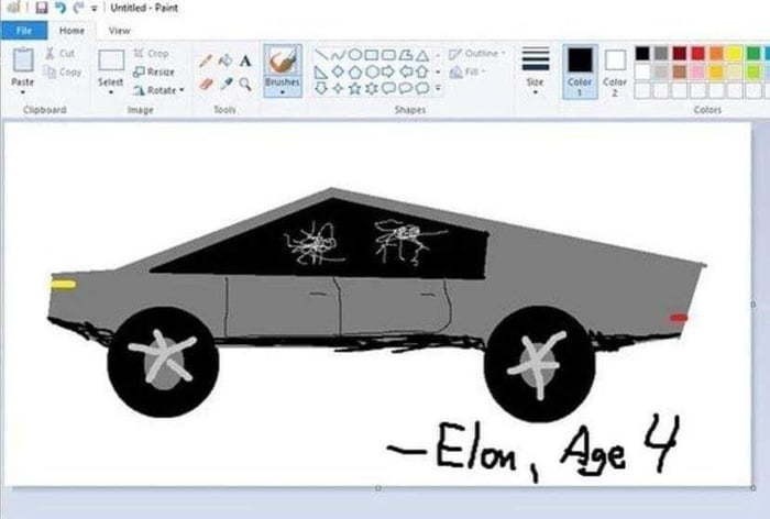 Có người cho rằng chiếc Cybertruck là sản phẩm của Elon Musk, vẽ trên paint (phần mềm lâu đời trên window) khi mới 4 tuổi