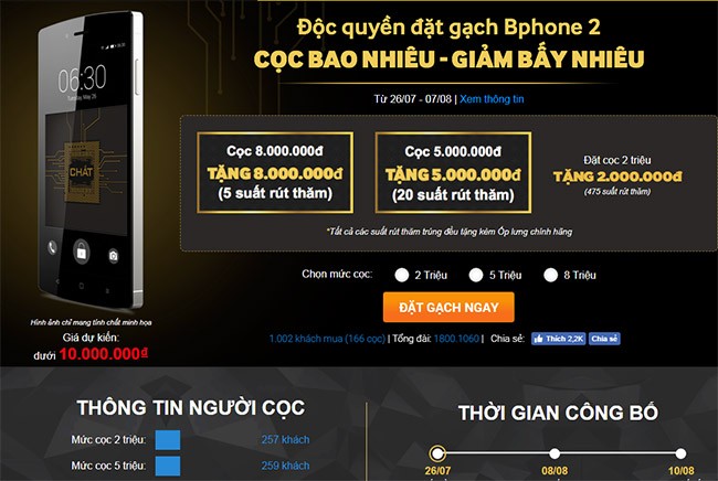 Chương trình đặt mua BPhone 2 được thực hiện từ ngày 26/7 đến ngày 10/8 