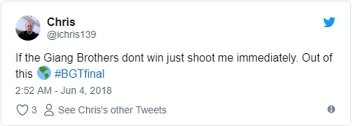 "Nếu anh em họ Giang không chiến thắng thì bạn cứ bắn luôn tôi đi. Màn trình diễn vượt ngoài trái đất" "Nếu anh em họ Giang không chiến thắng thì bạn cứ bắn luôn tôi đi. Màn trình diễn vượt ngoài trái đất"