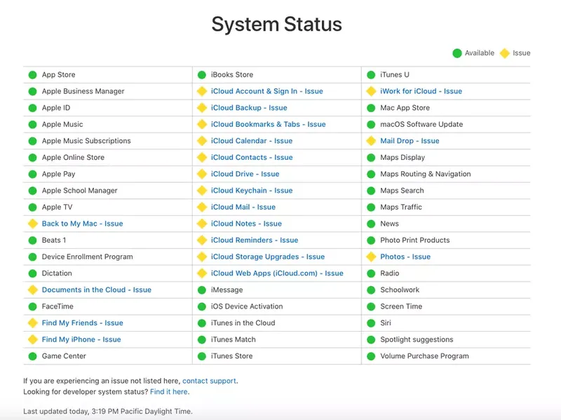 Trang System Status của Apple cập nhật các dịch vụ bị gián đoạn (ảnh: The Verge)