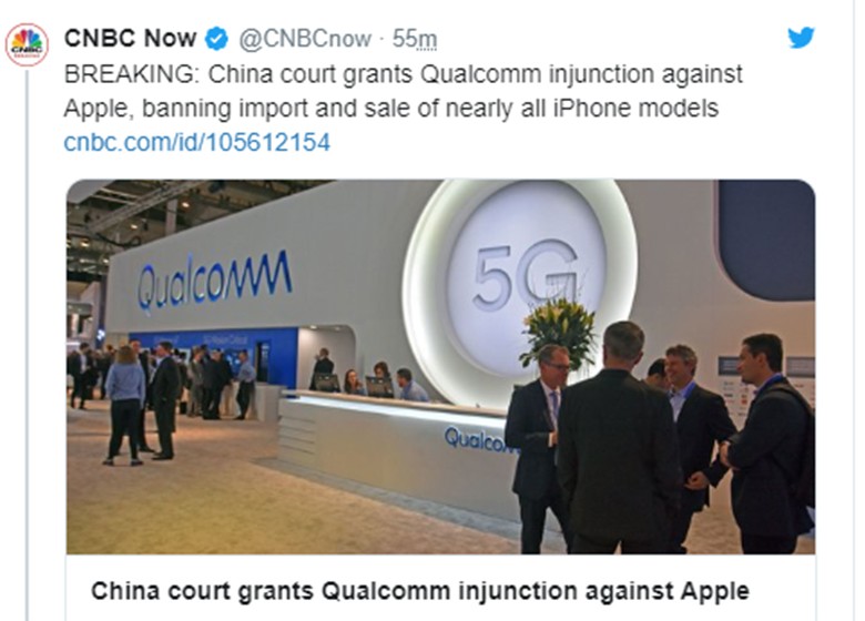CNBC đưa tin về phán quyết sơ bộ của tòa án Trung Quốc đối với đa số các mẫu iPhone của Apple