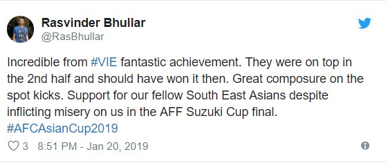 Thật không thể tin được thành tích này của Việt Nam. Họ đã chơi rất tốt trong hiệp 2 và giành chiến thắng xứng đáng. Cổ vũ cho người bạn Đông Nam Á, cho dù các bạn đã khiến chúng tôi đau đớn trong trận chung kết AFF Cup. Thật không thể tin được thành tích này của Việt Nam. Họ đã chơi rất tốt trong hiệp 2 và giành chiến thắng xứng đáng. Cổ vũ cho người bạn Đông Nam Á, cho dù các bạn đã khiến chúng tôi đau đớn trong trận chung kết AFF Cup.