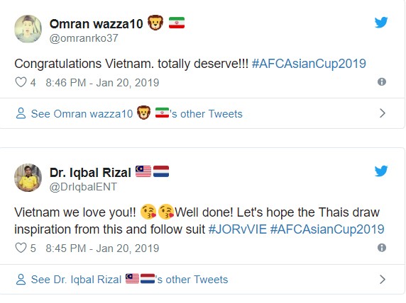 Chúc mừng Việt Nam, các bạn xứng đáng với chiến thắng này Hy vọng Thái Lan cũng sẽ lấy cảm hứng từ thành công của Việt Nam để nối gót vào vòng 1/8 Chúc mừng Việt Nam, các bạn xứng đáng với chiến thắng này Hy vọng Thái Lan cũng sẽ lấy cảm hứng từ thành công của Việt Nam để nối gót vào vòng 1/8