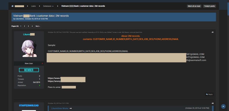 Dữ liệu khách hàng của một ngân hàng Việt Nam bị đưa lên diễn đàn dành cho giới hacker