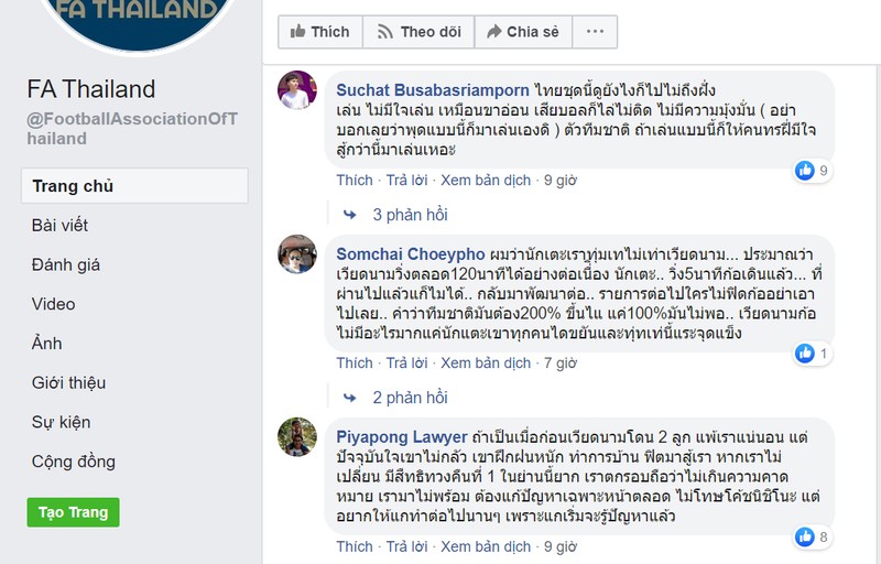 Nhận xét của cổ động viên trên fanpage của Liên đoàn bóng đá Thái Lan