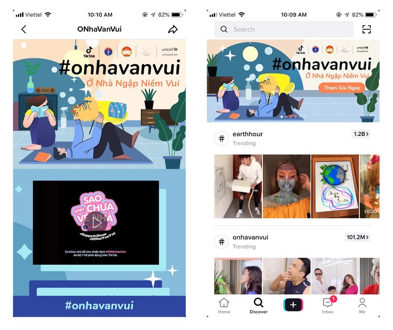 Trang chủ Tik Tok với thông điệp #onhavanvui