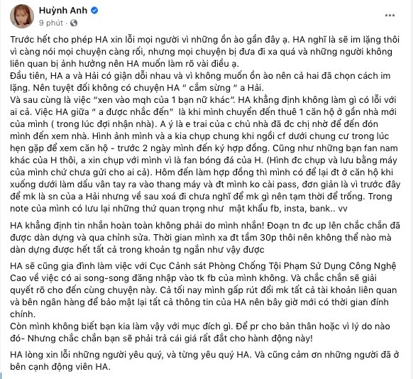 bài đăng của Huỳnh Anh trên facebook cá nhân