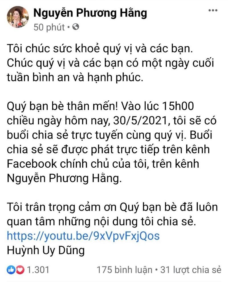 Thông báo của bà Phương Hằng