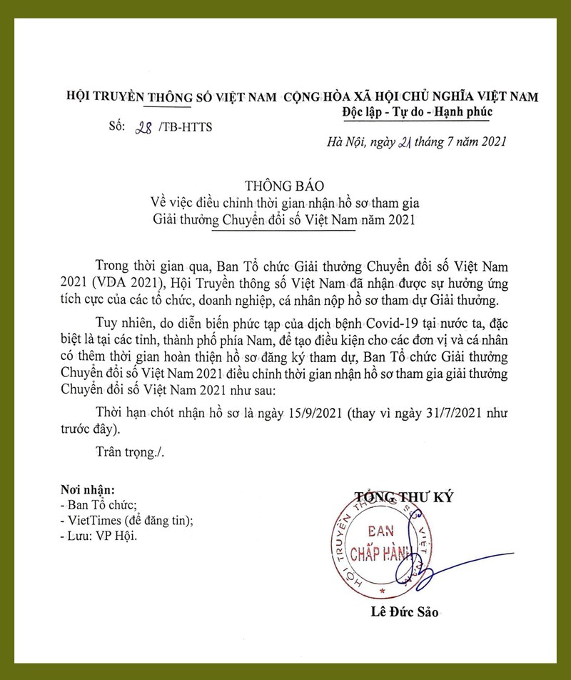 Văn bản thông báo của Ban Tổ chức VDA 2021 Văn bản thông báo của Ban Tổ chức VDA 2021