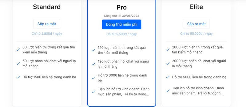 3 gói cước phí của Zalo