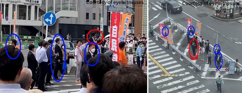 Ông Abe (khoanh đỏ) cùng các sĩ quan cảnh sát đặc nhiệm (xanh). Không có sĩ quan nào được bố trí ở đường lan can bảo vệ phía sau bục phát biểu của ông Abe, và 3 trong số 4 người này quay mặt về phía trước