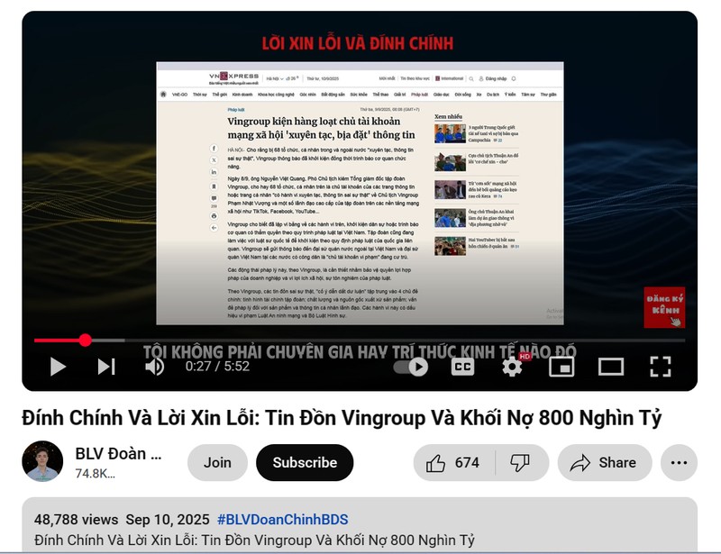 Kênh Đoàn Chình BDS làm video xin lỗi Vingroup mặc dù không có tên trong danh sách 68 cá nhân, tổ chức bị kiện doan chinh bds xin loi.jpg