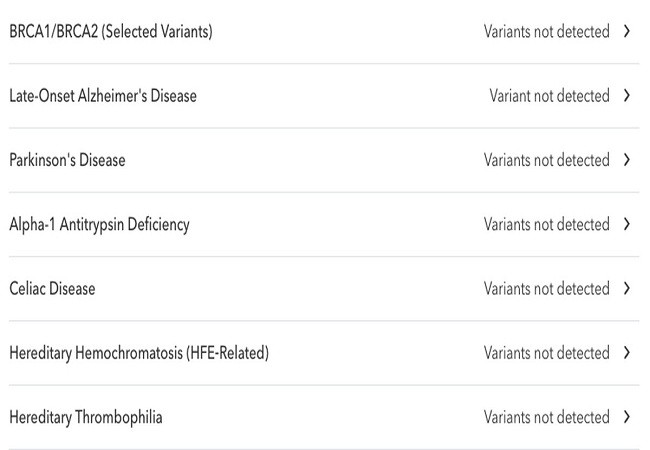Trang kết quả sức khỏe từ tài khoản của công ty 23andMe (Ảnh The Verge) Trang kết quả sức khỏe từ tài khoản của công ty 23andMe (Ảnh The Verge)