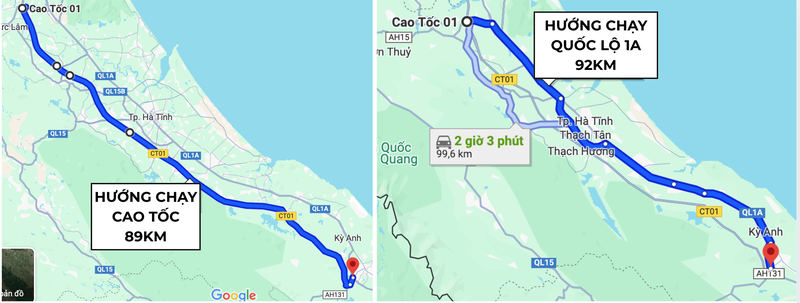 Nếu chọn di chuyển trên 2 tuyến cao tốc Bãi Vọt – Hàm Nghi và Hàm Nghi – Vũng Áng (tuyến bên trái) thay vì đi theo hướng tuyến Quốc lộ 1A cũ (tuyến bên phải), tài xế ô tô sẽ tiết kiệm được ít nhất khoảng 25 phút. Ảnh chụp Màn hình 2025-05-11 lúc 14.19.37.png