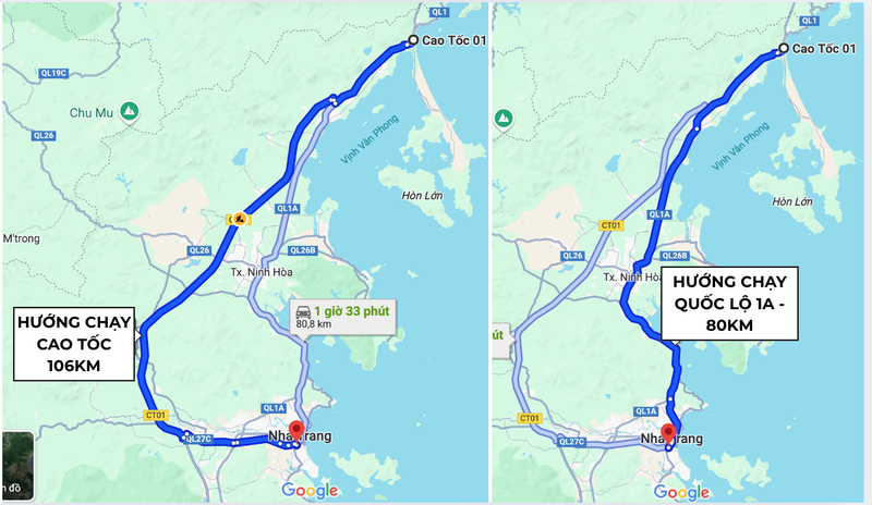 Khi đưa vào cao tốc từ Vân Phong - Nha Trang tuyến bên trái) vào khai thác, thời gian tài xế ô tô di chuyển của tài xế từ Hà Nội vào trung tâm TP Nha Trang thực tế không rút ngắn được thời gian so với di chuyển theo hướng tuyến Quốc lộ 1A (đường bên phải). Khi đưa vào cao tốc từ Vân Phong - Nha Trang tuyến bên trái) vào khai thác, thời gian tài xế ô tô di chuyển của tài xế từ Hà Nội vào trung tâm TP Nha Trang thực tế không rút ngắn được thời gian so với di chuyển theo hướng tuyến Quốc lộ 1A (đường bên phải).