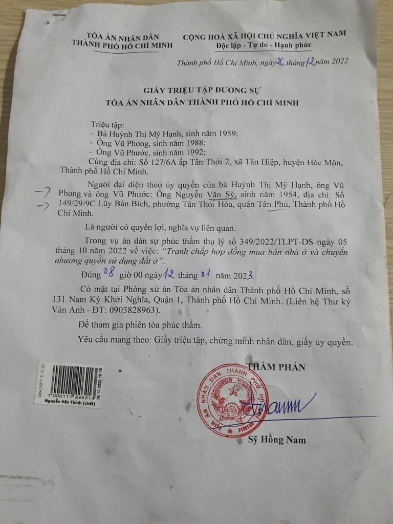 Thẩm phán Sỹ Hồng Nam triệu tập các đương sự tham dự phiên dân sự phúc thẩm "tranh chấp hợp đồng mua bán nhà ở và chuyển nhượng quyền sử dụng đất ở" tại số nhà 117 Pasteur TpHCM Thẩm phán Sỹ Hồng Nam triệu tập các đương sự tham dự phiên dân sự phúc thẩm "tranh chấp hợp đồng mua bán nhà ở và chuyển nhượng quyền sử dụng đất ở" tại số nhà 117 Pasteur TpHCM