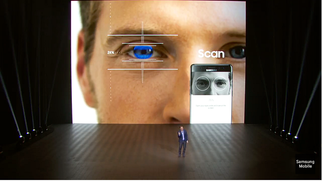 Tính năng mới nhất trên Galaxy Note7 là bảo mật bằng mống mắt (Iris Scan). Cảm biến nhận diện bằng mống mắt không chỉ để dùng mở khoá mà có thể mở bất kỳ ứng dụng nào thay vì phải gõ mật khẩu.
