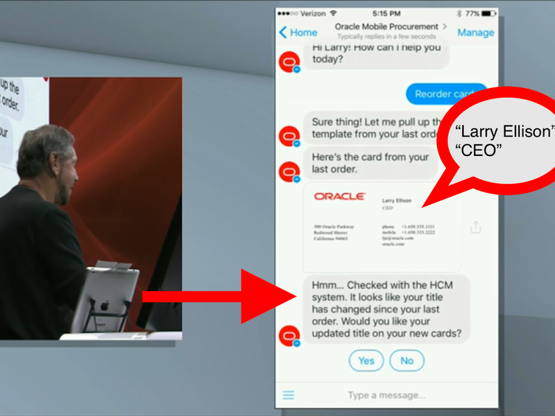 Larry Ellison đang thưởng thức một trò đùa với chatbot tại Oracle Larry Ellison đang thưởng thức một trò đùa với chatbot tại Oracle