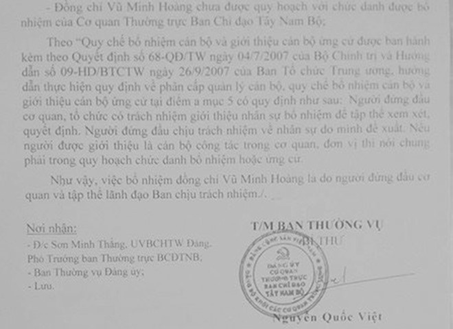 Báo cáo do ông Việt ký nêu trường hợp rà soát quá trình bổ nhiệm Vũ Minh Hoàng. Ảnh:CTV. Báo cáo do ông Việt ký nêu trường hợp rà soát quá trình bổ nhiệm Vũ Minh Hoàng. Ảnh:CTV.