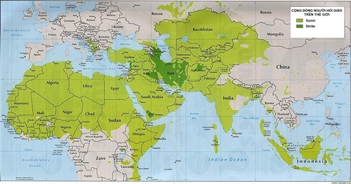 Khu vực người Hồi giáo dòng Sunni (xanh nhạt)và Shiite sinh sống trên thế giới năm2005. Đồ họa:colombia.edu. Khu vực người Hồi giáo dòng Sunni (xanh nhạt)và Shiite sinh sống trên thế giới năm2005. Đồ họa:colombia.edu.