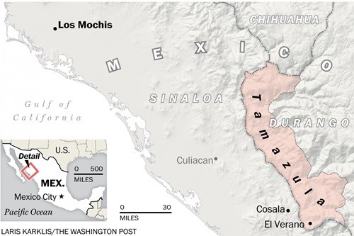 Khu vực vùng núi Tamazula, nơi Guzman ẩn náu trước khi bị bắt ở Los Mochis hôm 8/1. Đồ họa:Washington Post